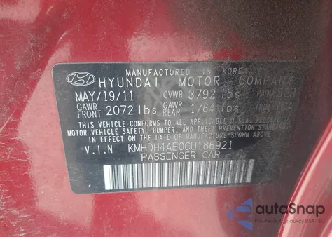 2012 Hyundai Elantra Gls (Ulsan Plant) z USA, uszkodzony, nr VIN KMHDH4AE0CU186921